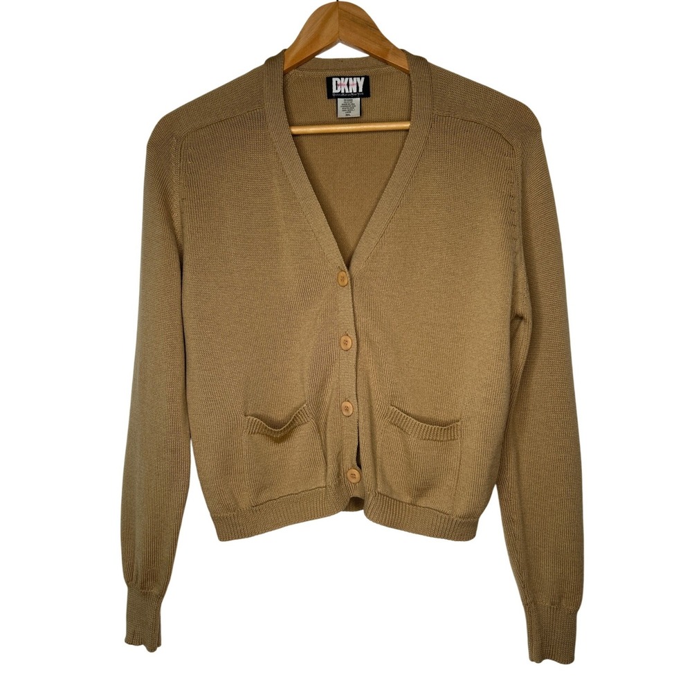 Vintage DKNY Cropped Cardigan Made in USA Camel Tan M/L 90s Shrunken Fit Wool